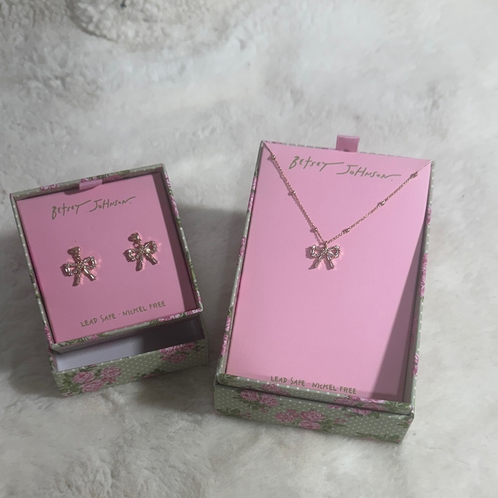 Betsey Johnson CZ bow gold necklace and matching earrings bundle